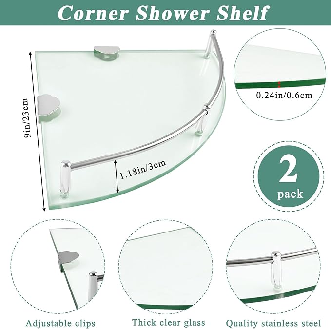 2 Pack Glass Corner Shelf, Corner Shower Shelf with Stainless Steel Rails, Tempered Glass Shower Caddy, Wall Mounted Glass Shelf for Bathroom Organization, 9.25x9.25x0.24 in, Silver