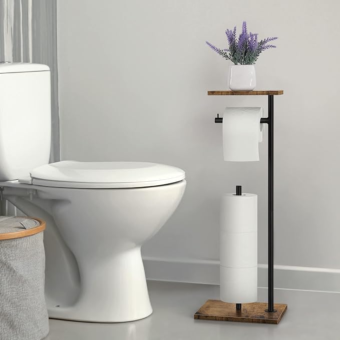 Rustic Brown Farmhouse Toilet Paper Dispenser - FreeStanding Tissue Roll Holder with Shelf for Bathroom Toilet Paper Storage