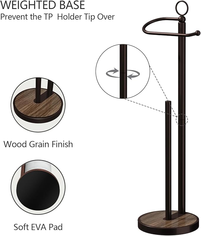 Toilet Paper Holder Free Standing with Storage 4 Rolls Stainless Steel Toilet Paper Holder Stand with Weighted Wood Grain Base Space-Saving Tissue Roll Holders for Bathroom Black & Bronze (Bronze)