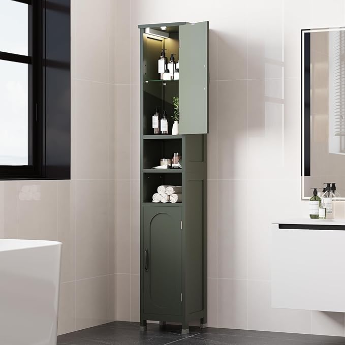 Hawkrown 67" Tall Bathroom Storage Cabinet with Lights, Slim Narrow Bathroom Cabinet Organizer with Doors and Adjustable Shelves, Tall Cabinet for Small Space (66.9" Tall-Green with Light)