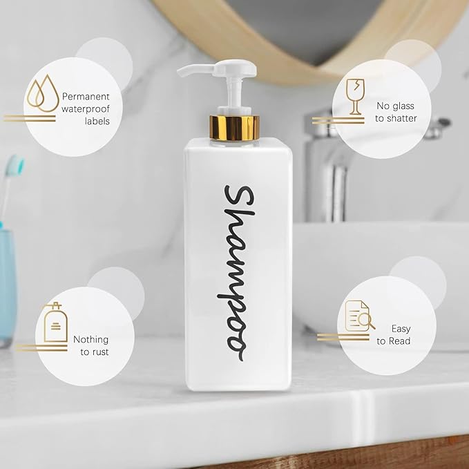 Shampoo and Conditioner Dispenser (Set of 3, 21oz) Modern Refillable Shampoo Pump Bottles for Shower Soap - Empty Body Wash Dispenser Set for Bathroom