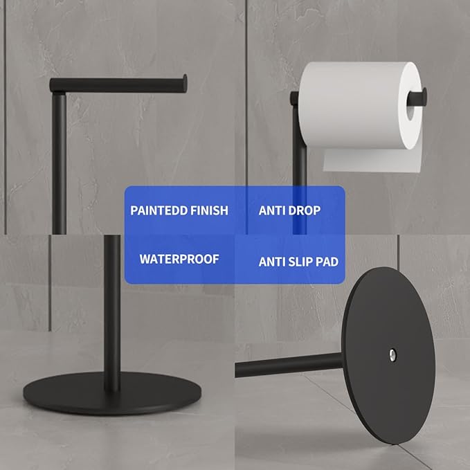 Bathroom Toilet Paper Holder Stand Modern Tissue Roll Stainless Steel Rustproof Freestanding Holder Matte Black (Black)