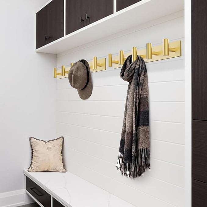 Bntuk Coat Rack Wall Mount - 5 Hat and Coat Hooks, Heavy Duty Towel Racks for Bathroom Entryway, Wall Hooks for Hanging Robes Bags, Hat Rack Key Hanger Organizer (Gold)