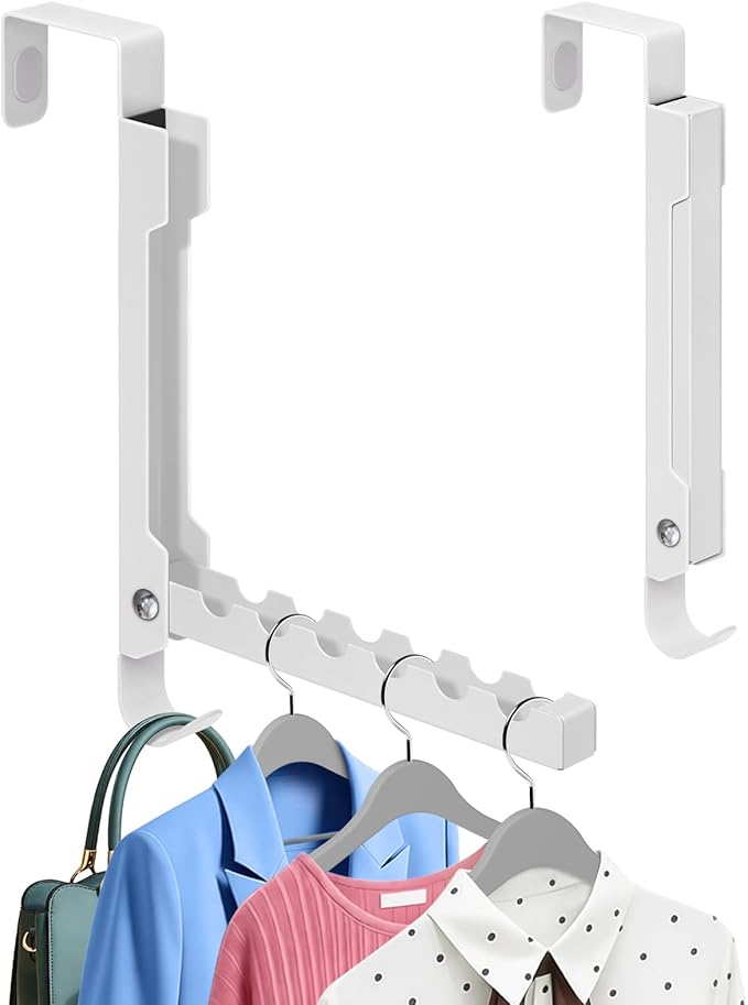Over The Door Hooks, 7-Hook Metal Door Hanger Clothes Drying Rack, Foldable Portable Space Saving, Extra Large Hook for Clothes Coat Bag - Bedroom Laundry Room Travel, White