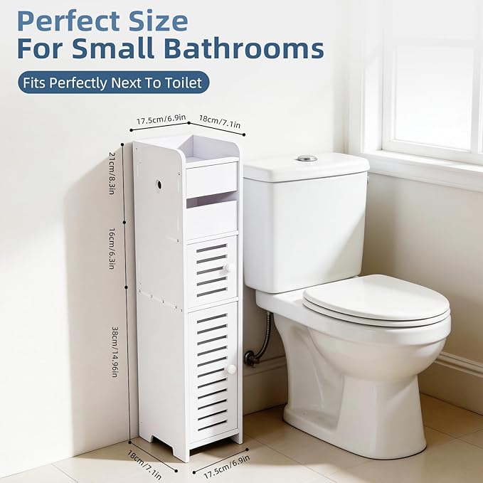 BorealBear Slim Bathroom Storage Cabinet with Toilet Paper Holder, Narrow Bathroom Cabinet for Small Spaces, Freestanding Organizer with Door & Shelves, Space Saving White Bathroom Cabinet
