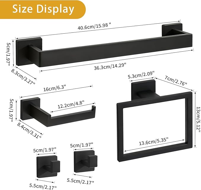 5-Piece Matte Black Bathroom Hardware Accessories Set - 16 Inch Stainless Steel Wall Mounted Towel Rack, Toilet Paper Holder, Towel Ring & 2 Hooks, Bathroom Organizer and Storage