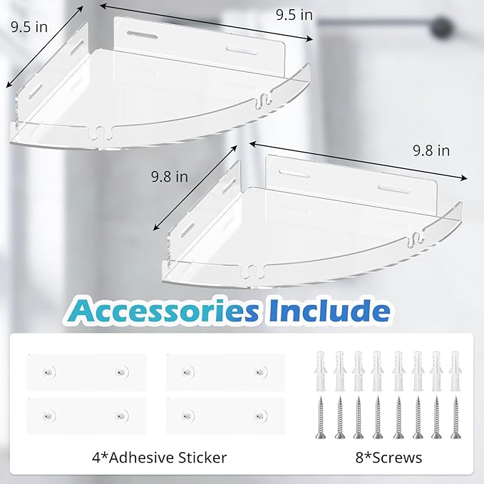 Durmmur 2 Pack Acrylic Corner Shower Caddy, Clear Corner Shower Shelf with 4 Hooks, Adhesive Wall Mounted Bathroom Shower Shelf Organizer for Inside Shower & Kitchen Storage