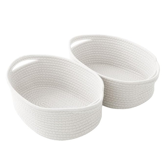 2 Pack Small Woven Rope Basket-Empty Gifts Basket with Bag and Ribbons,Cute Handle Organizer Box for Birthday/Baby Shower, Toy Storage, Nursery Organizing & Shelf Decor(White)