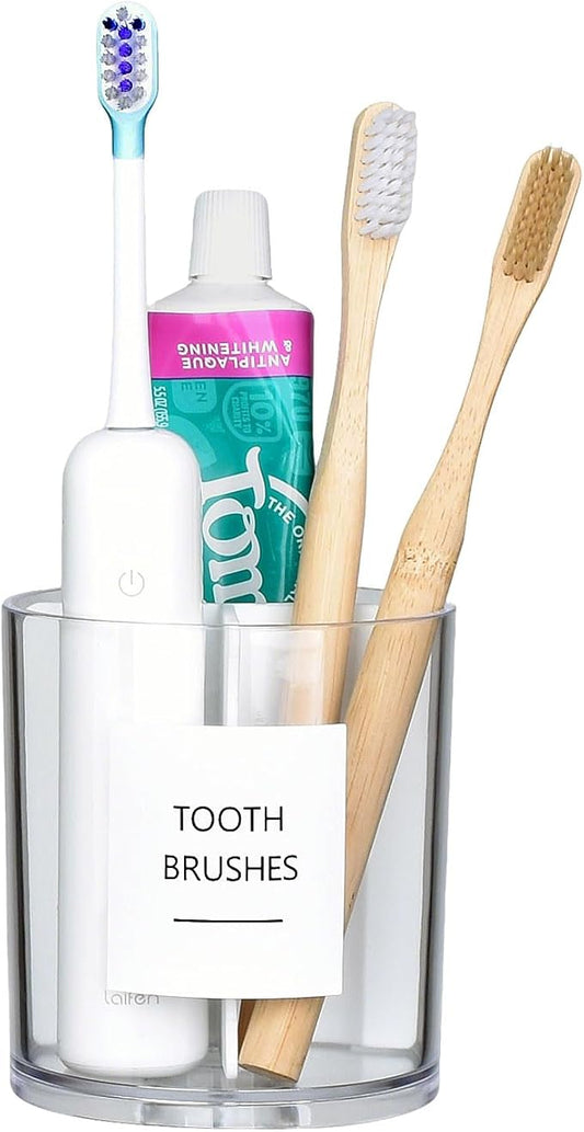 Acrylic Toothbush Hoder with White Divider for Bathroom Decor, Thick Clear Plastic Electronic Toothbrush and Toothpaste Organizer Stand for Bathroom Vanity Countertops, Bathroom Essentials Accessories