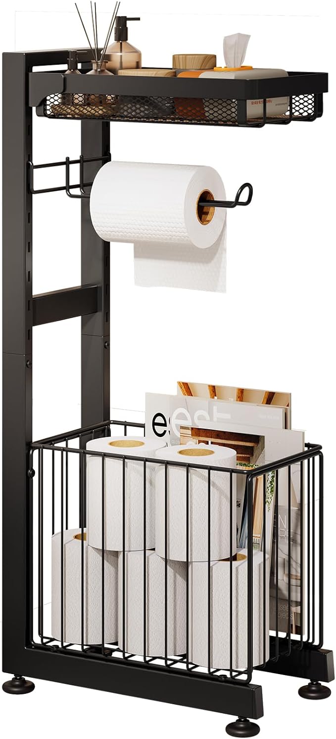 Toilet Paper Holder Stand with Storage Shelf - Multi Tier Metal Toilet Paper Stand with Large Basket for Tissue Rolls, Wipes (Black)