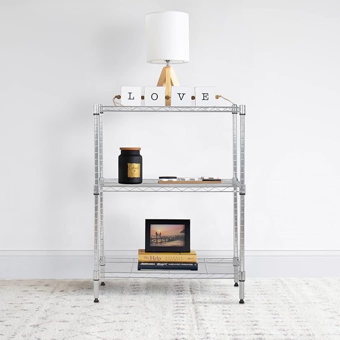 BestOffice 23Lx13.2Wx30.2H Adjustable Metal Storage Shelves 3-Tier Wire Shelving Unit Organizer Wire Rack 450Lbs Capacity for Small Places Kitchen Garage,Chrome