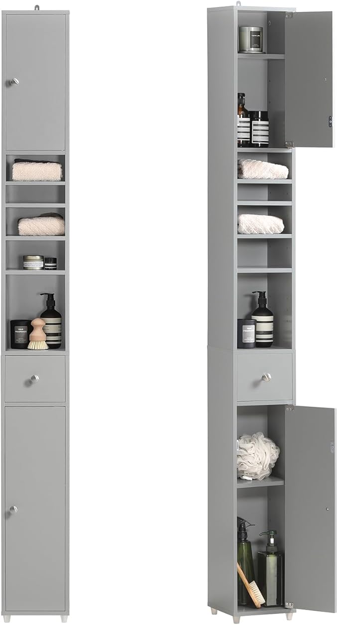 Haotian Bathroom Narrow Storage Cabinet Skinny Tall Unit with Adjustable Shelves Slender Anti-Tipping Floor Standing Cupboard, Gray BZR34-HG