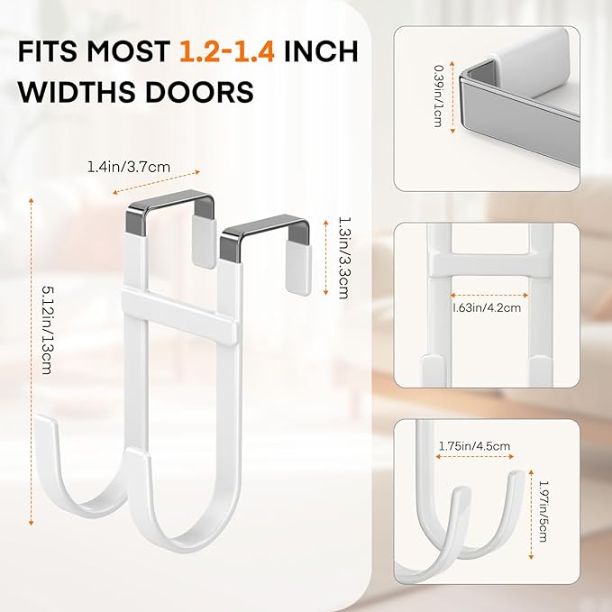 FYY Over The Door Hooks - 2 Pack Heavy Duty Double-Hanger Organizer for Bathroom Bedroom Dorm, Hanging Clothes Towels Hats Bags Ironing Board Wreath Robe - Fits Interior Doors Up to 1 3/8" White