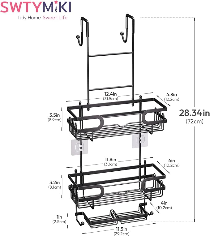 SWTYMIKI Over the Door Shower Caddy Hanging with Double Soap Holder, Hanging Shower Organizer with 16 Hooks, No Drilling Shower Shelves Over Door, Bathroom Rack and Storage, Black