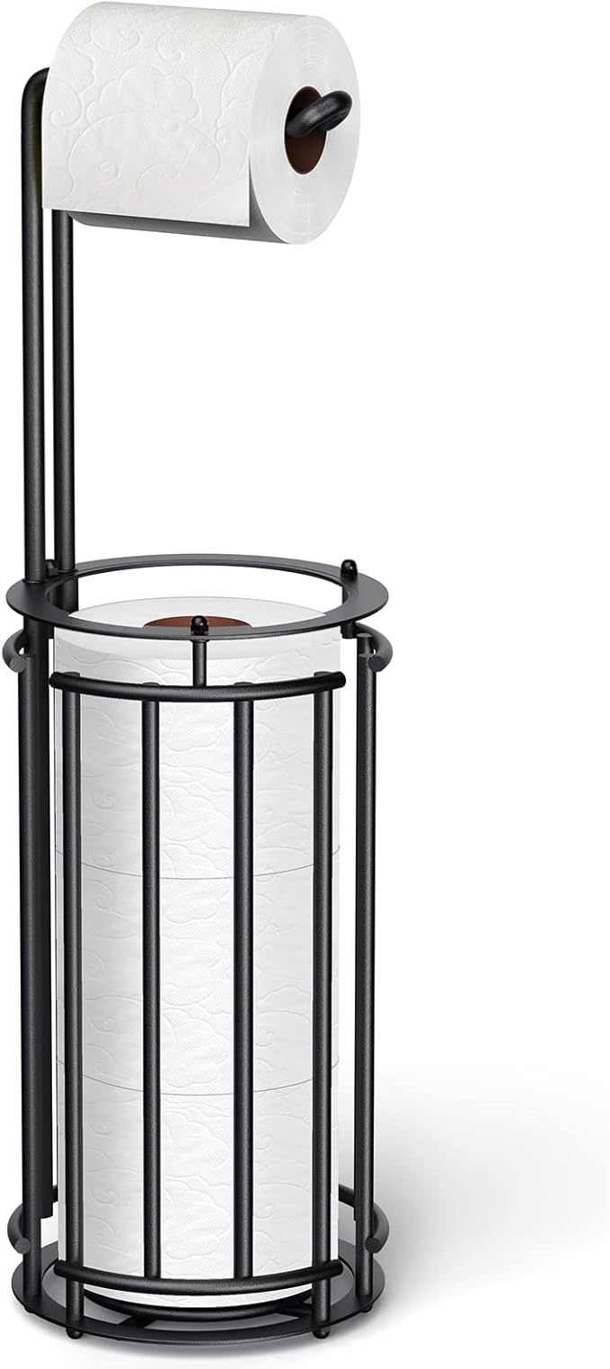 Meangood Toilet Paper Holder Stand and Tissue Paper Roll Dispenser for 4 Mega Rolls, Bathroom Free Standing Tissue Roll Storage Holder Rack, Detachable (Matte Black)