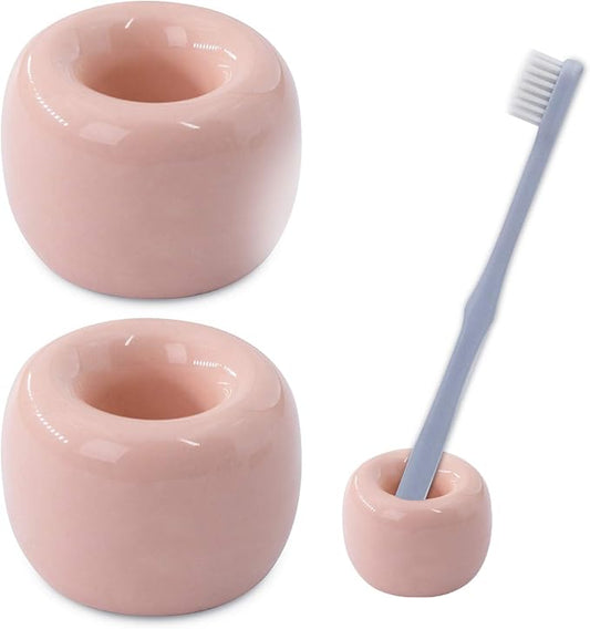 AirMoon Mini Ceramic Toothbrush Holder for Bathroom - Peach Small Countertop Organizer, Easy Clean Toothbrush Stand, Suit for Electric Toothbrush Head, Pens & Coffee Spoon, Pack of 2