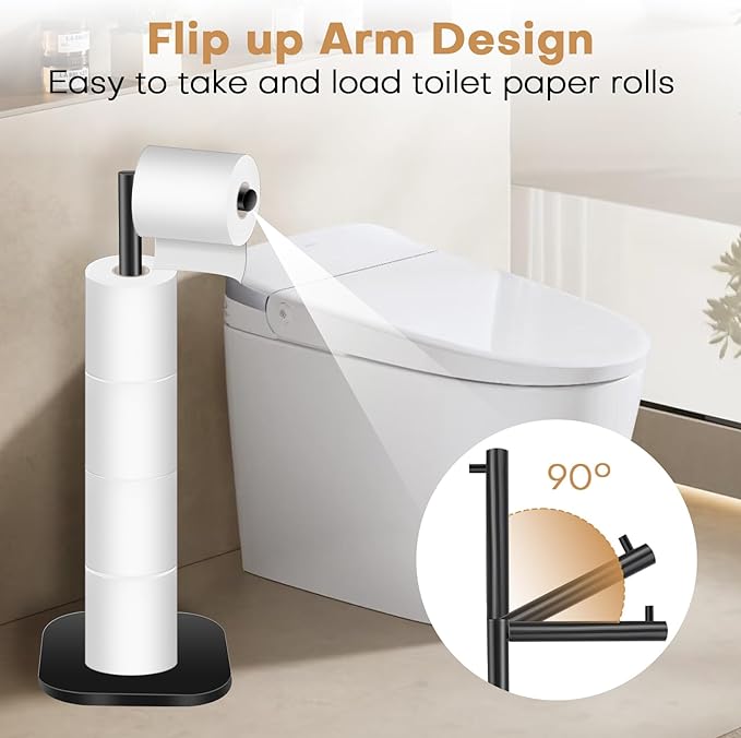 Toilet Paper Holder Stand Freestanding - Matte Black Stainless Steel Bathroom Storage Organizer - Non-Slip Rust Proof Tissue Roll Dispenser for Bathroom