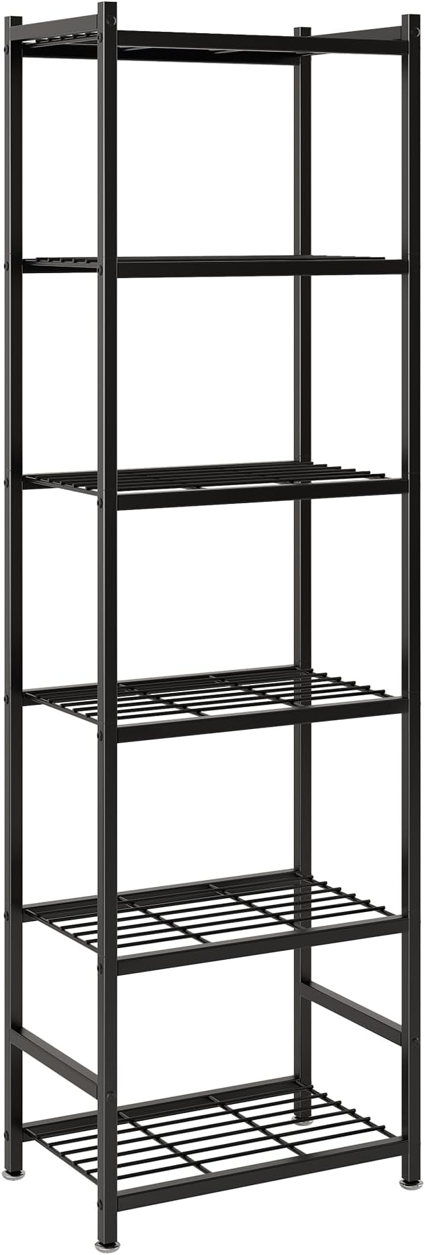 Small Storage Shelves, 6-Tier Metal Shelving Unit with Adjustable Feet, Compact Shelf Organizer for Garage, Kitchen, Pantry and Closet Organization, 11.8" x 17.7" x 68.9", Black
