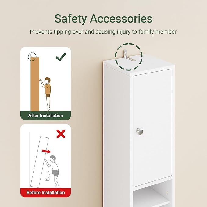 SoBuy Bathroom Narrow Storage Cabinet, Skinny Tall Unit with Adjustable Shelves Slender, Slim Bathroom Organizers and Storage, Anti-Tipping Thin Floor Standing Cupboard Laundry Room, White BZR34-W