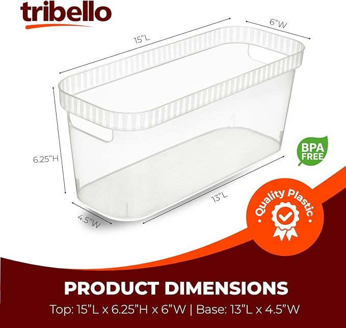 Tribello Modern Narrow Organizer Storage Bin, Slim Clear Plastic Household Storage Container for Kitchen Pantry storage, Under Sink Bin, Bathroom/Laundry Room - 6 Pack (Narrow - 15” X 6” X 6”)