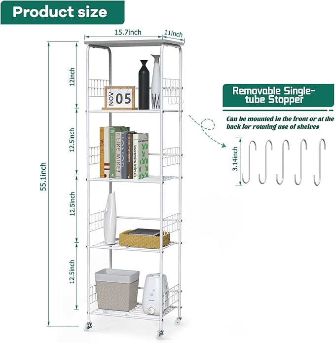 5 Tier Metal Wire Storage Rack with Wooden Top, Versatile Utility Organizer with Casters for Laundry Pantry Bathroom, Kitchen Organizers and Storage Shelving Unit Rolling Utility Carts, Grey