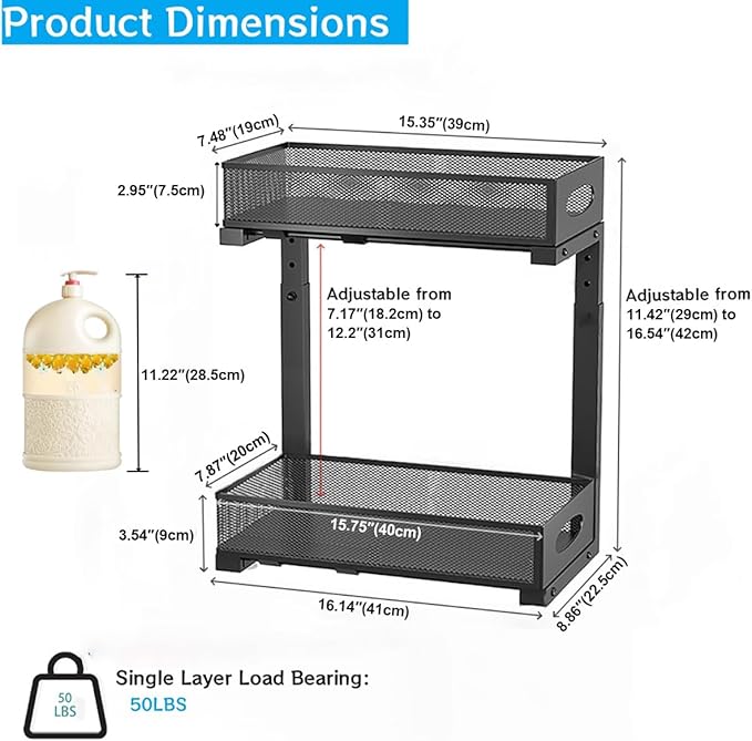 2 Pack Under Sink Pull Out Organizer, 2-Tier Adjustable Height Carbon Steel Storage Rack for Kitchen and Bathroom Cabinet, Black