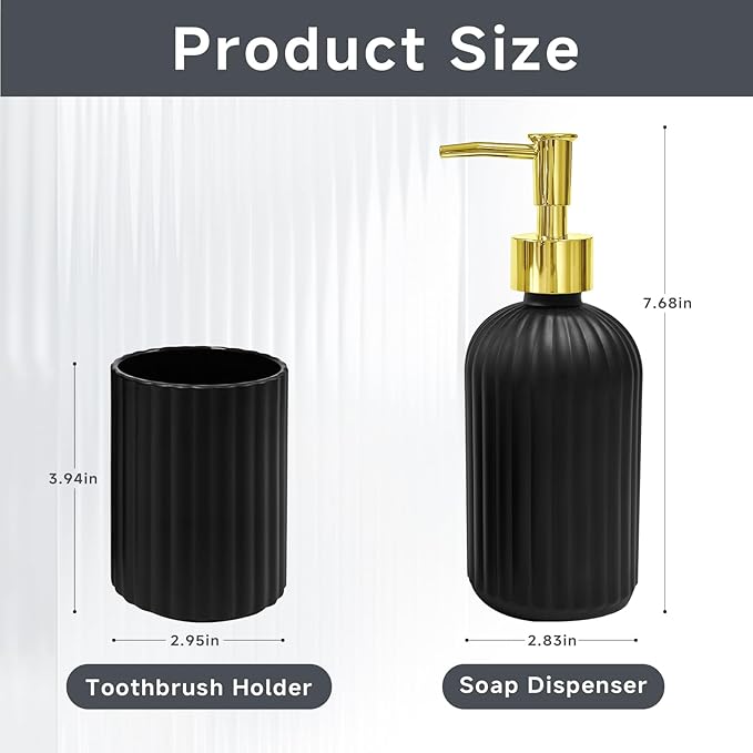 2 PCS Black and Gold Glass Bathroom Accessory Sets, Black Bathroom Set, Soap Dispenser and Toothbrush Holder Set for Modern Bathroom Decor