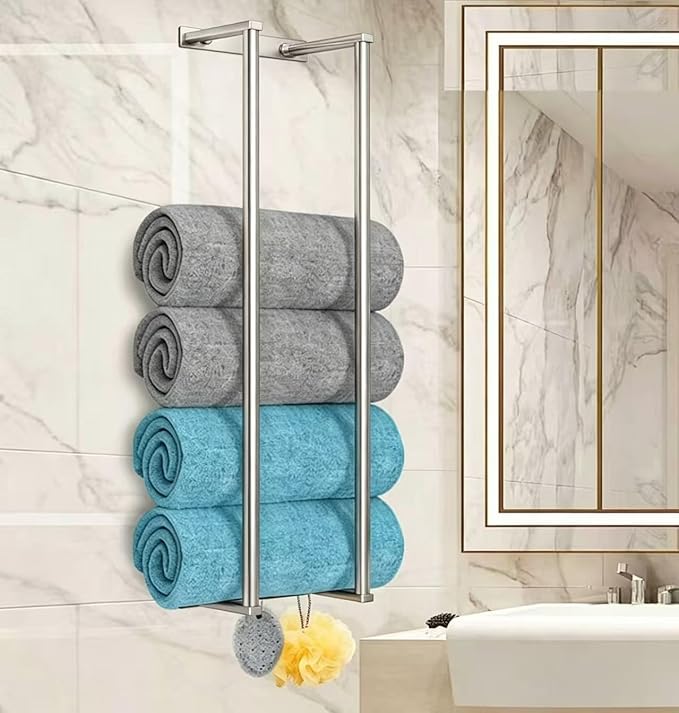 Bathroom Towel Rack for Rolled Towels, Wall Mounted Towel Storage Rack for Bathroom Organization, Stainless Steel Towel Storage Holder Can Holds Up to 6 Large Bath Towels (Silver)