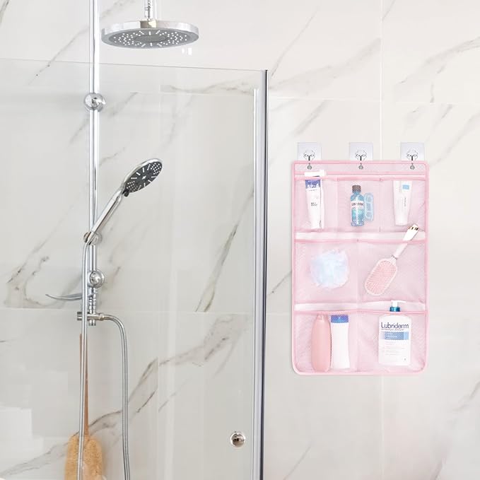 F-color Cruise Essentials 2026 - Mesh Shower Organizer Hanging with 7 Pockets for RV Gym Camping, Quick-Dry Portable Toiletry Bag with Metal Hooks for Bathroom Travel Toiletries, Pink