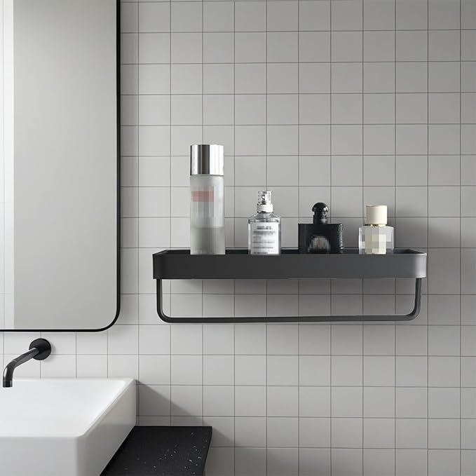 Bathroom Shelf with Towel Bar，Wall-Mounted Shower Storage Rack, 15.75 -Inch Suitable for bathrooms, Kitchens and Toilets，No Drill Bathroom Shelf