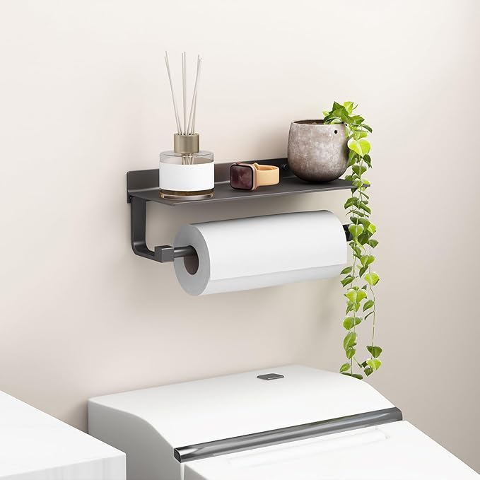 Danpoo Kitchen Paper Towel Holder with Shelf Wall Mount, Adhesive Hand Towel Holder for Bathroom, Matte Grey