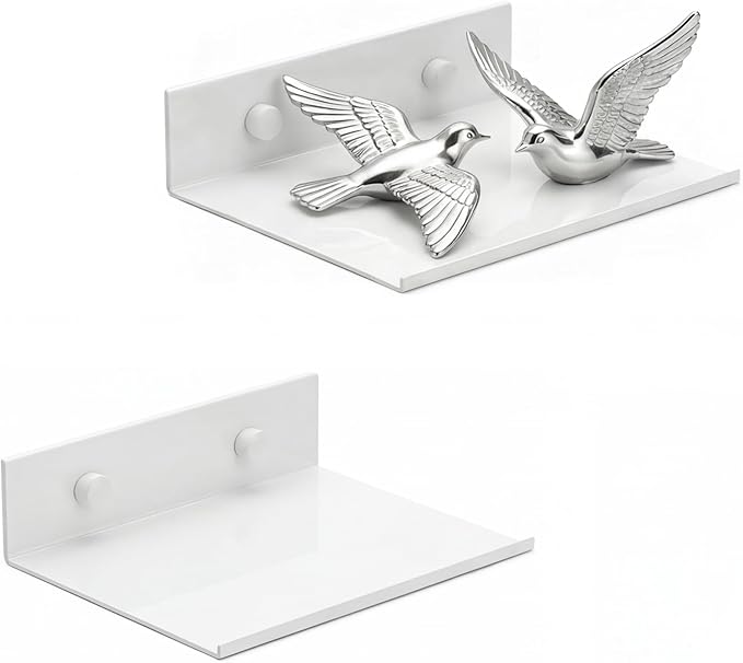 Z metnal Small Floating Shelves, Renter Friendly Mini Metal Display Shelf for Collection Action Figures, Aluminum, Adhesive & Wall Mounted, White, 6 inch, 2 Pack