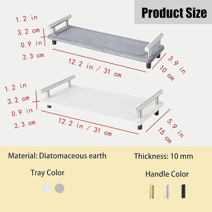 Instant Dry Sink Caddy Organizer,Diatomaceous Earth Bathroom Organizer with Handle Water Absorbing Stone Tray for Sink Water Absorbent Diatomite Coasters (S Gray Silver Handle)