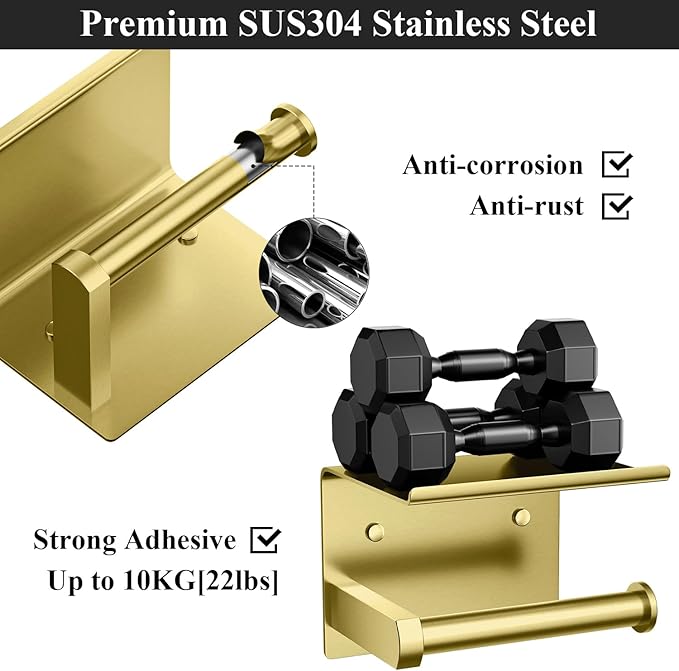 Tindbea Toilet Paper Holder Wall Mount + Towel Robe Hooks, Adhesive or Screw Wall Mounted Toilet Paper Roll Holder with Shelf, Stainless Steel Bathroom Organizers and Storage Kit (Brushed Gold)