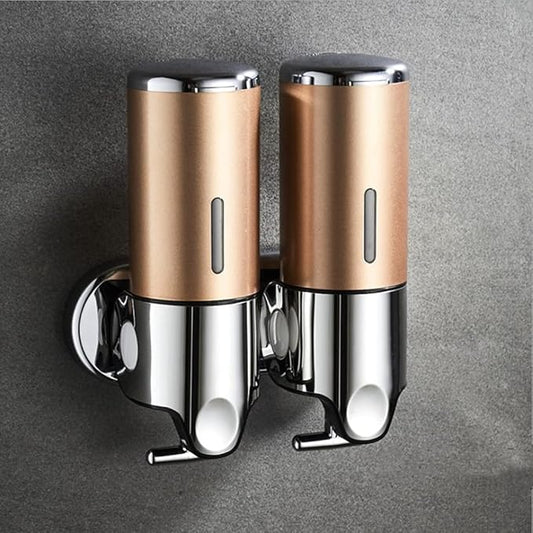 2 Chamber Wall Mounted Bathroom Shower Pump Dispenser and Organizer-Holds Shampoo, Soap, Conditioner, Shower Gel, for Bathroom Kitchen Hotel (Gold 2 Chamber)