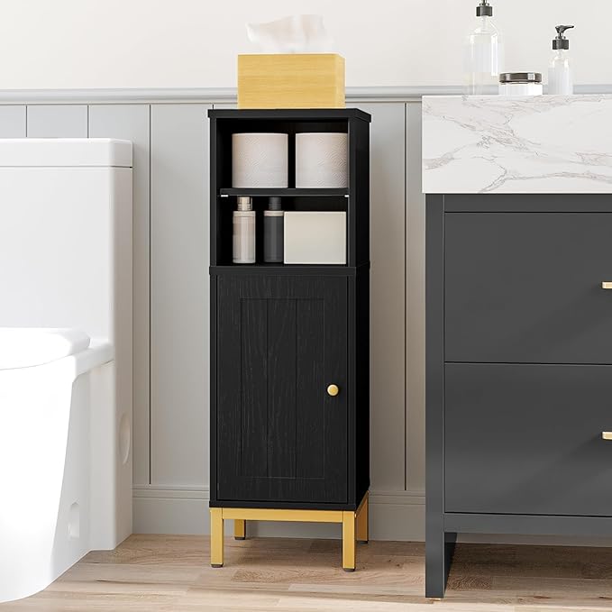 Hzuaneri Bathroom Storage Cabinet, Corner Floor Cabinet with Shelves, Customized Door Opening Direction, Bathroom Organizer with Adjustable Shelf for Kitchen, Living, Toilet Paper Cabinet, Black