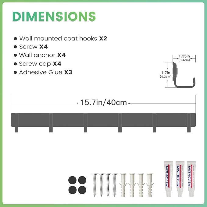 16-Inch Wall Mount Coat Rack with 6 Hooks, Compact Hooks for Hanging Coats, Hats, Jacket, Bags and Purses in Entryway, Bedroom, Bathroom or Closet, Install with Strong Glue or Screws (2-Pack)