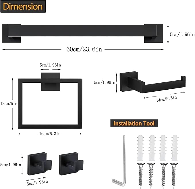 JOPOFI 5 Piece Bathroom Towel Bar Set - 23.6 Inch Bathroom Towel Holder, SUS304 Stainless Steel Towel Racks for Bathroom Wall Mounted, Bathroom Hardware Accessories Set - Matte Black