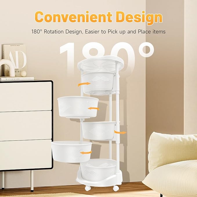 5 Tier Multi-Layer Kitchen Storage Rack, Rotating Storage Shelves Organizer,Floor Standing Storage Rack Basket Shelf Kitchen Storage Cart with Wheels Storage Basket for Living Rooms, Kitchens (White)
