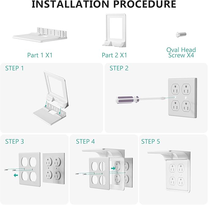 WALI Double Outlet Shelf Wall Holder – Bathroom Shelf Duplex for Electric Toothbrush, HomePod Mini, Echo Dot & Phone Charging – White (DLS001)