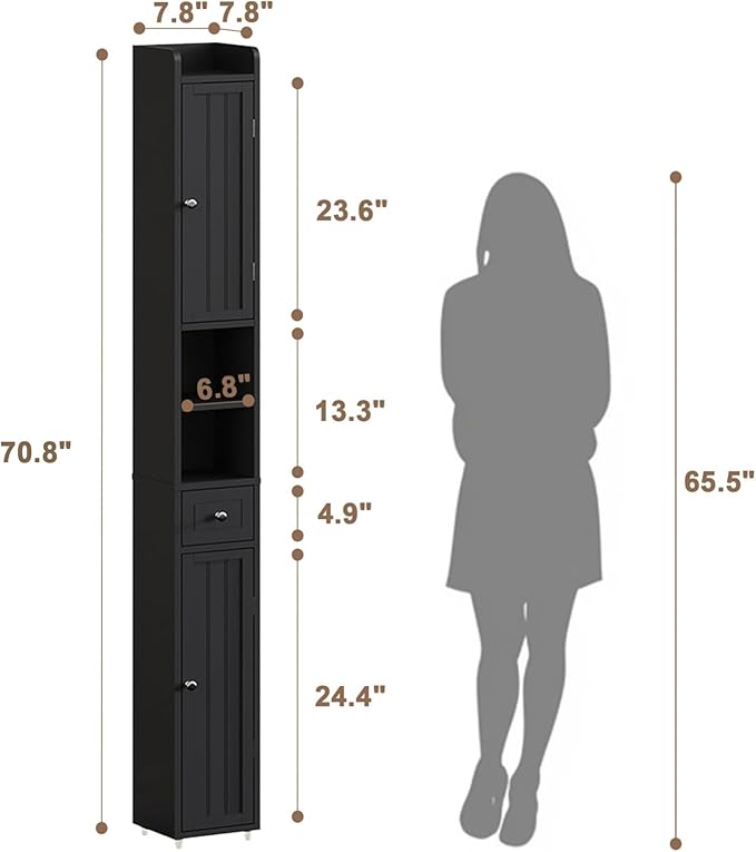 ChooChoo Narrow Bathroom Storage Cabinet with Adjustable Shelves, Tall Storage Cabinet with 2 Doors and 1 Drawer, Freestanding Cupboard for Small Spaces, Black