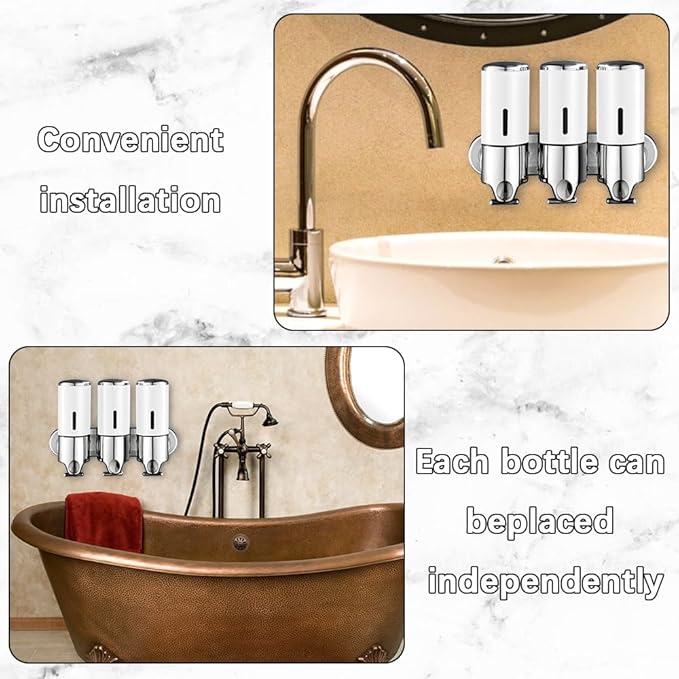 2 Chamber Wall Mounted Bathroom Shower Pump Dispenser and Organizer-Holds Shampoo, Soap, Conditioner, Shower Gel, for Bathroom Kitchen Hotel (White)
