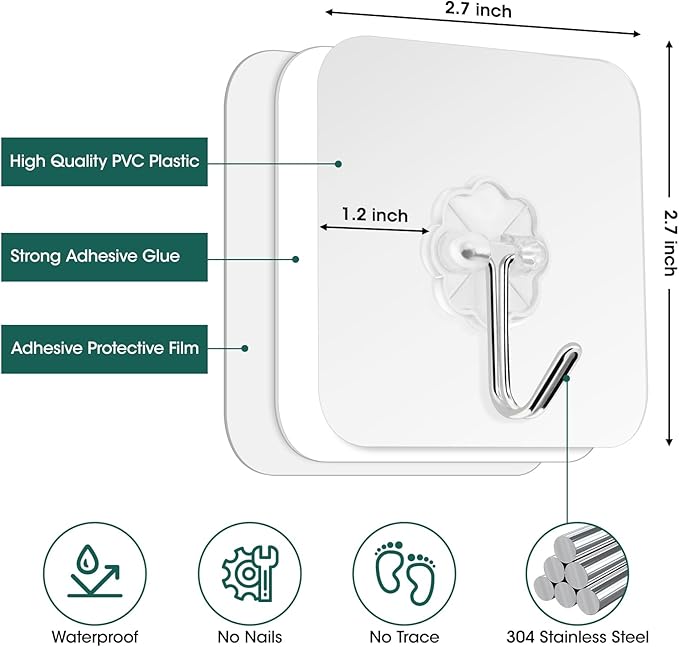 Adhesive Wall Hooks for Hanging Heavy Duty 22lb(Max) Hooks for Walls No Damage, Towel Sticky Clear Hooks, Waterproof, Home, Bathroom, Kitchen, Office, and Outdoor, Set of 12