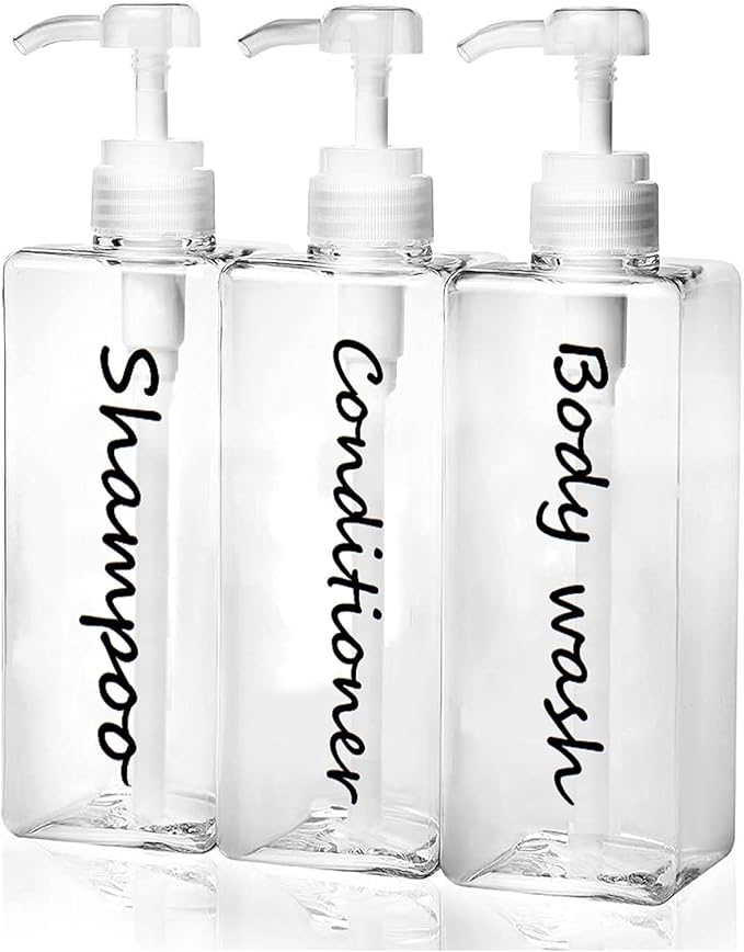 Shampoo Dispenser - Refillable Shampoo and Conditioner Bottles (Clear, Set of 3, 21oz) - Modern Shampoo Bottles for Shower Soap - Empty Shampoo Conditioner Body Wash Dispenser (Black) (White)