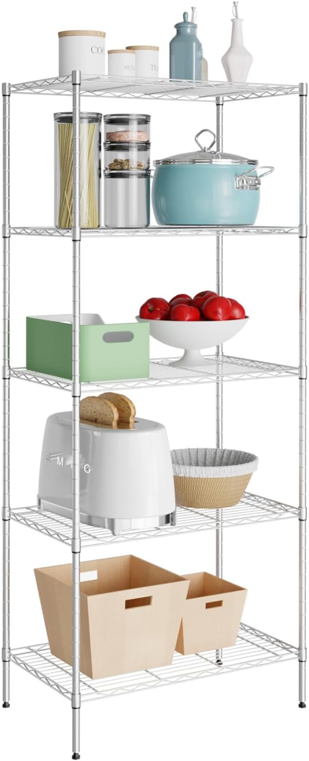 5 Tier Metal Shelving Unit, Heavy Duty Wire Shelves, Adjustable Storage Rack for Kitchen, Garage Shelving, Pantry Shelves, Storage Shelves Organizer, 24" W x 14" D x 61" H, Chrome