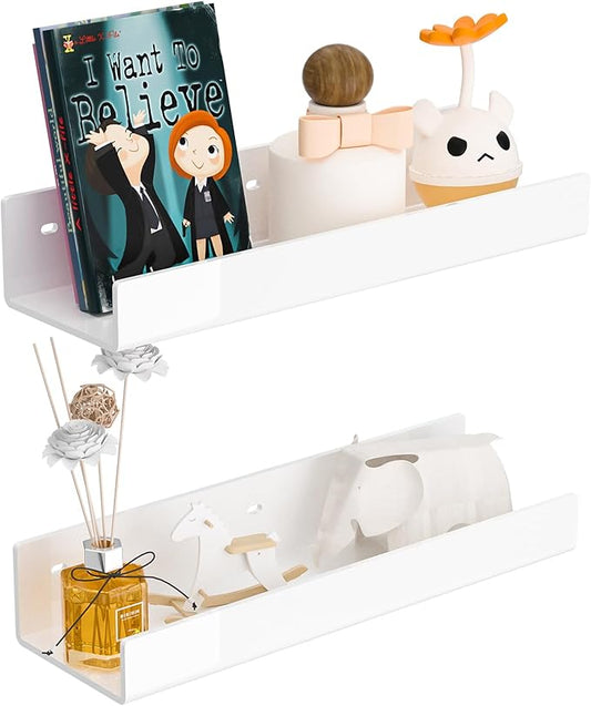 12 Inches White Acrylic Wall Shelves 2 Pack, Acrylic Bookshelf for Wall. Wall Mounting Shelf for Living Room