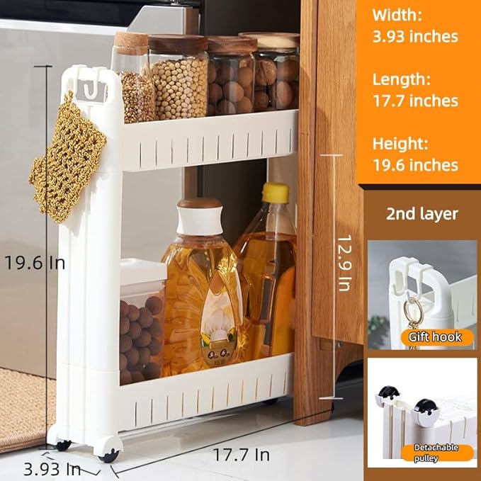 Slim Storage Car Durable Slim Storage Cabinet with Wheels Narrow Shelf Rack for Kitchen,Bathroom,Study,Office,Etc (2 Tier)