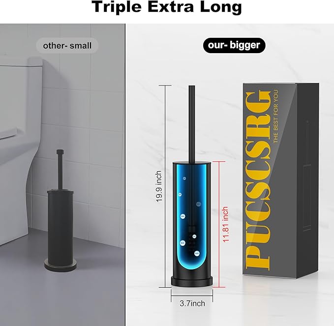 Black Toilet Brush and Holder Set，Stainless Steel Heavy Duty Toilet Bowl Brush，Extra Long Handled Modern Toilet Cleaner Brush with Replaceable Head, Removable Inner Bowl, and Splash Protection