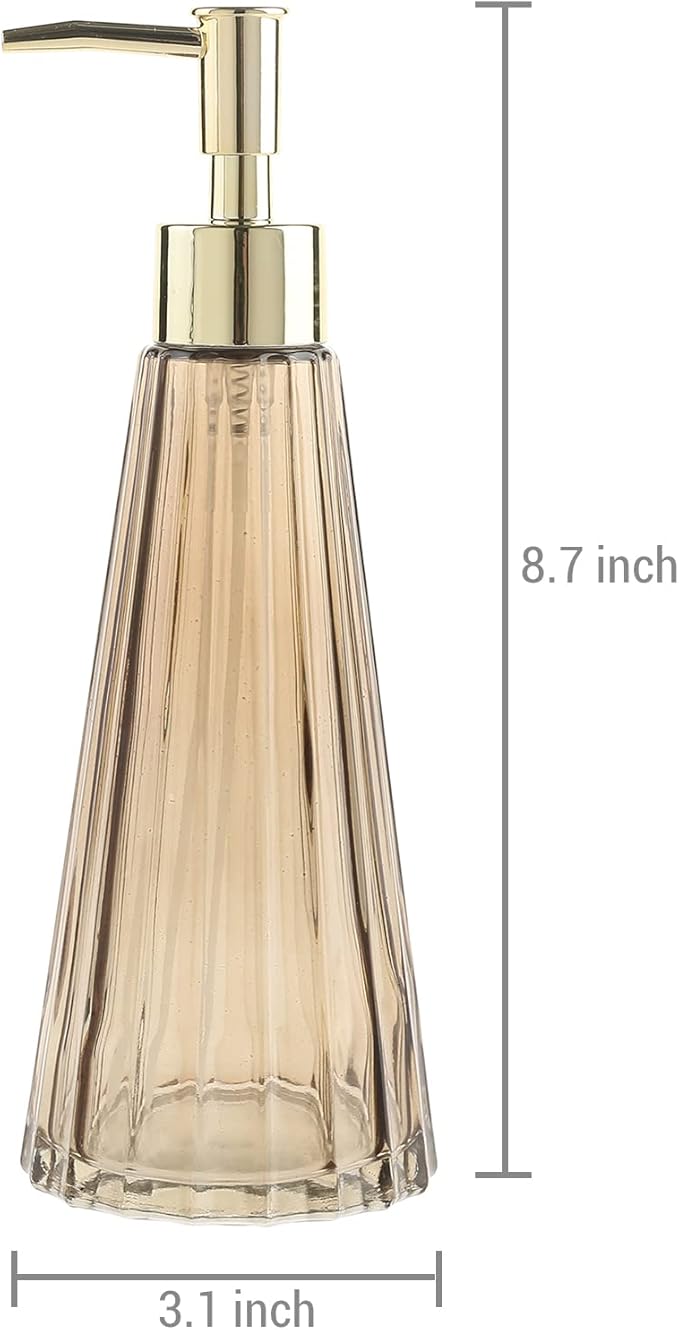 MyGift 2 Pcs Vintage Soap and Lotion Dispenser Set, Smoked Glass and Brass Liquid Pump Dispenser with Vertical Ribbed Design