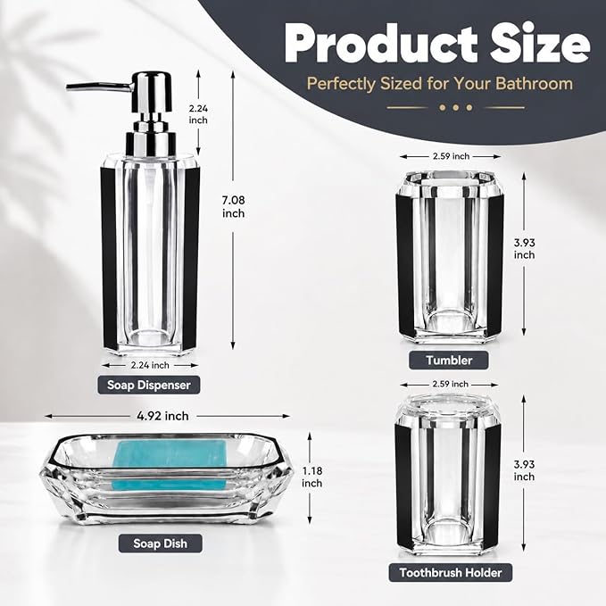 4-Piece Black Bathroom Accessories Set — Soap Dispenser, Soap Dish, Mouthwash Cup & Toothbrush Holder, Glossy Acrylic with Brushed Black Accent, Modern Bathroom Decor